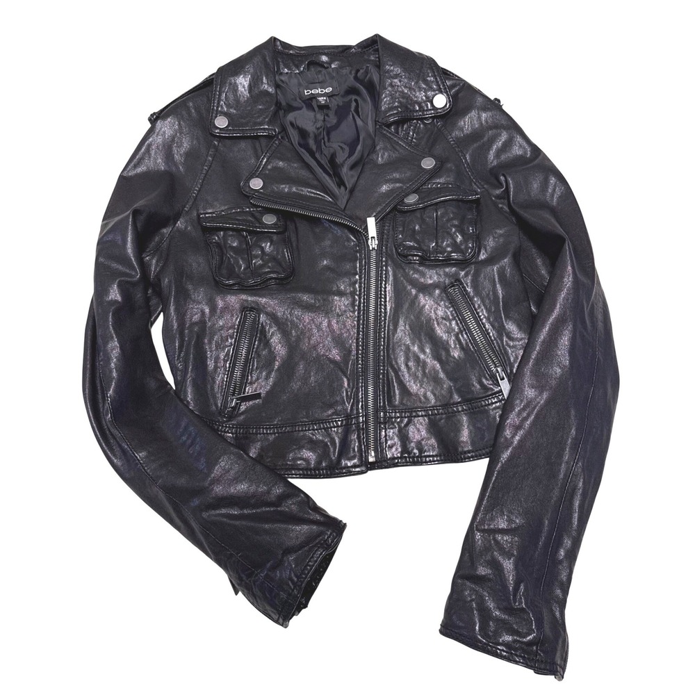Bebe Black Genuine Leather Moto Biker Jacket Womens XS Biker Rocker Y2K Punk
